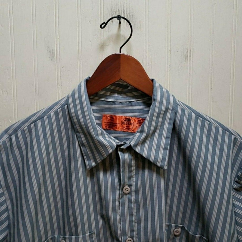 Red Kap Shirt Mens XL Blue Stripe Short Sleeve Workwear Button-Up Pockets